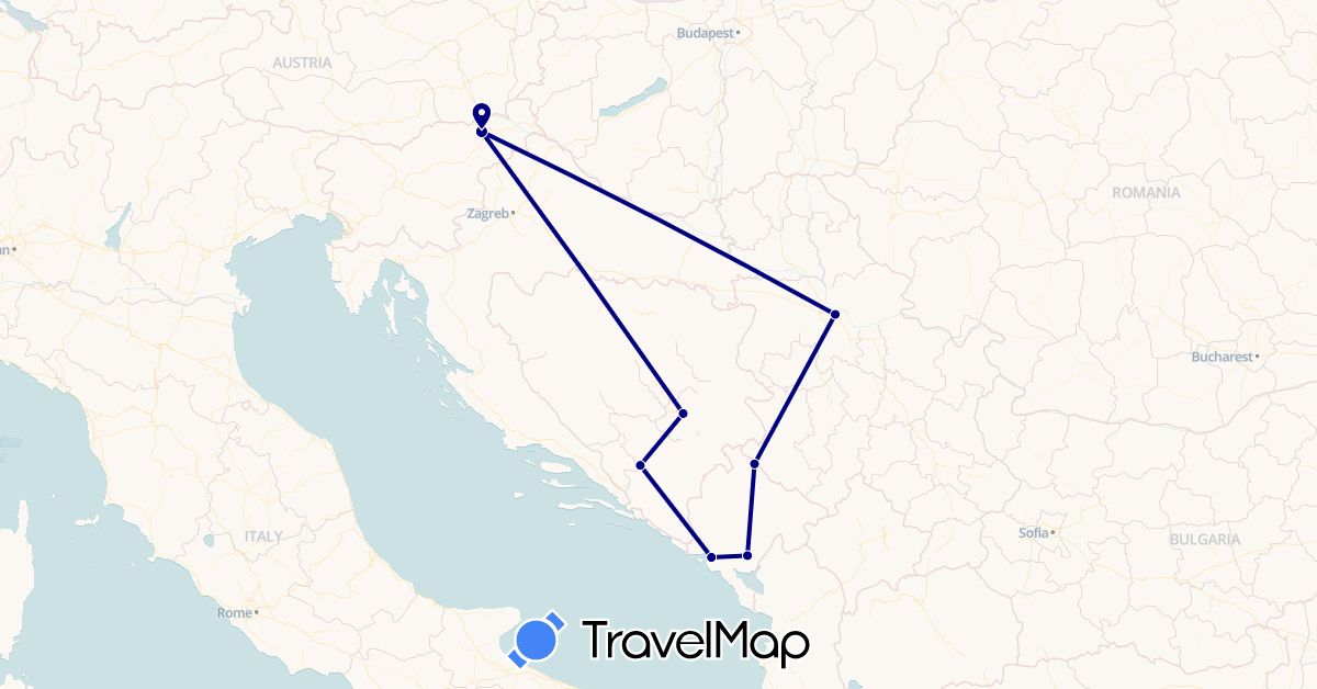 TravelMap itinerary: driving in Bosnia and Herzegovina, Montenegro, Serbia, Slovenia (Europe)